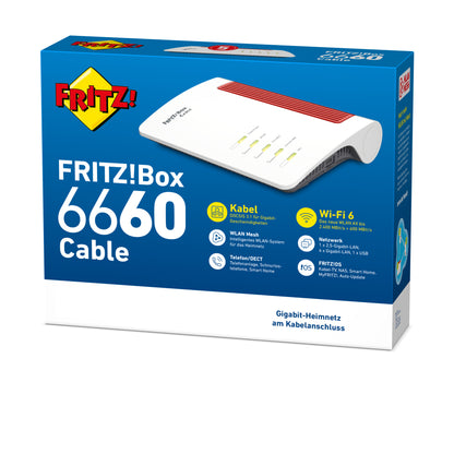 AVM FRITZ!Box 6660 Cable - WiFi-6 (802,11ax) - Dual-Band (2,4 GHz/5 GHz) - Eingebauter Ethernet-Anschluss - WeiÃŸ - Tabletop-Router